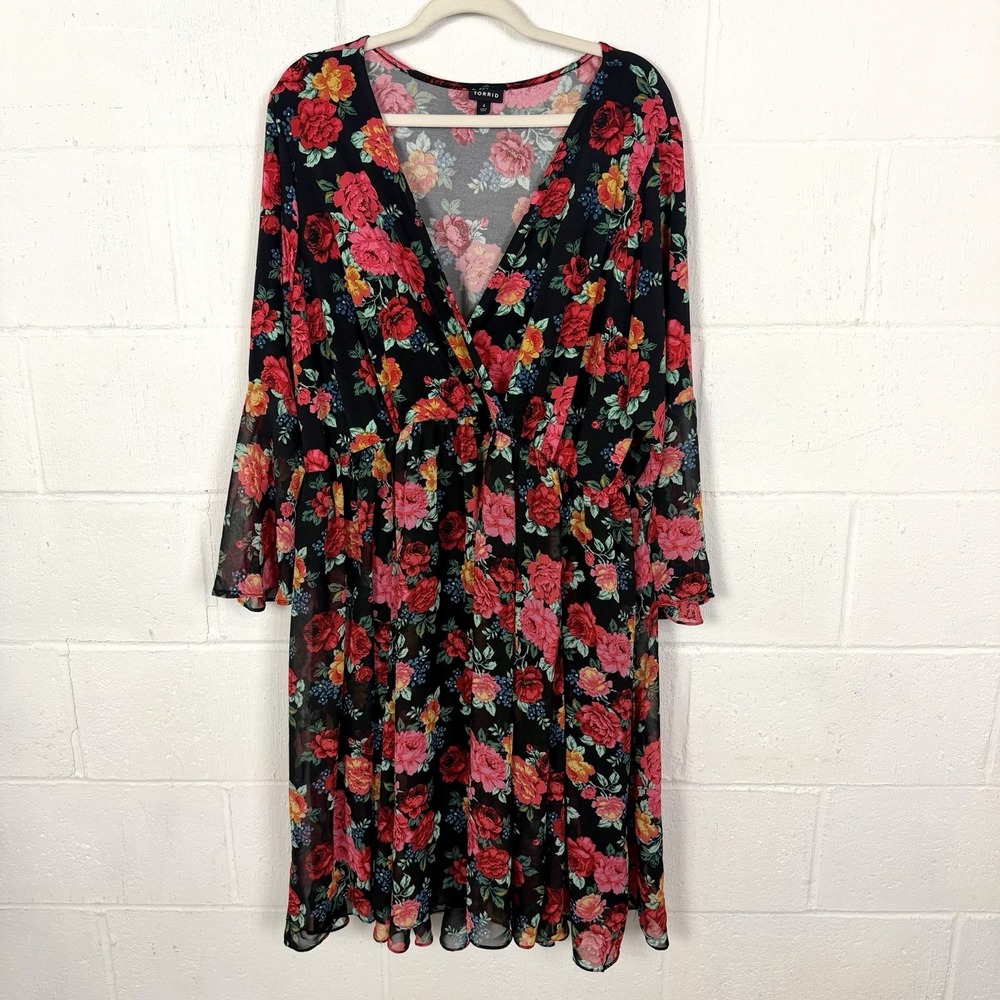 Torrid Faux Wrap Dress Floral Roses Sheer Flare Sleeves Easter Wedding Guest 4X